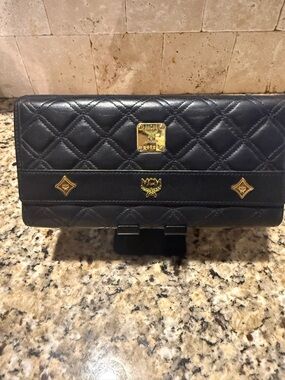 MCM Black Quilted Leather Clutch with Gold Accents